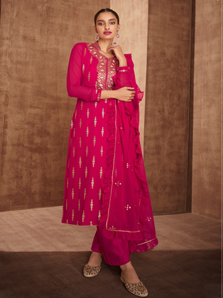 Pant Suits : Baby pink georgette thread sequence work naira