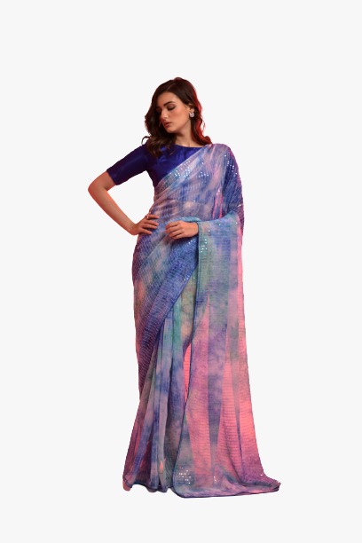 Multi shaded chiffon saree | Plain chiffon saree, Saree designs party wear,  Floral print sarees
