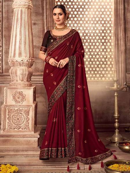 Vichaxan Rangoli silk Saree Included Banglori silk with embroidery Blouse  {Color : Dark Red}