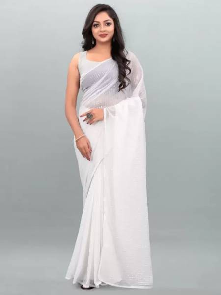 White Heavy Georgette Embroidery with Piping Work Party Wear Designer Saree 