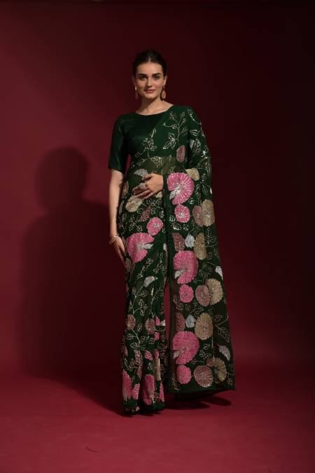 Green Color Premium Georgette Flower Print Sequence Work Party Wear Designer Saree 