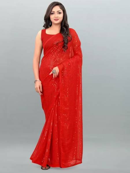 Red Color Heavy Georgette Embroidery with Piping Work Party Wear Designer Saree 